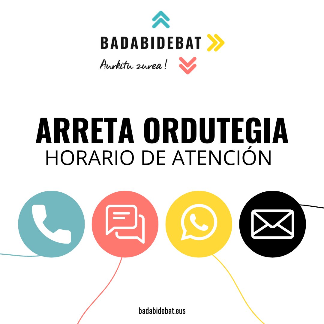 BadaBideBat's tweet photo. ARRETA ORDUTEGI BERRIA Astelehenetik ostiralera 10:00 - 18:00 bitartean idatzi edo deitzen bagaituzu momentuan erantzungo dizugu. Ordutegi hortik kanpo kontaktuan jarriz gero, denbora pixka bat beharko dugu erantzuteko, baina ez dugu utziko mezurik erantzun gabe noski! https://t.co/fgORiJzVzF