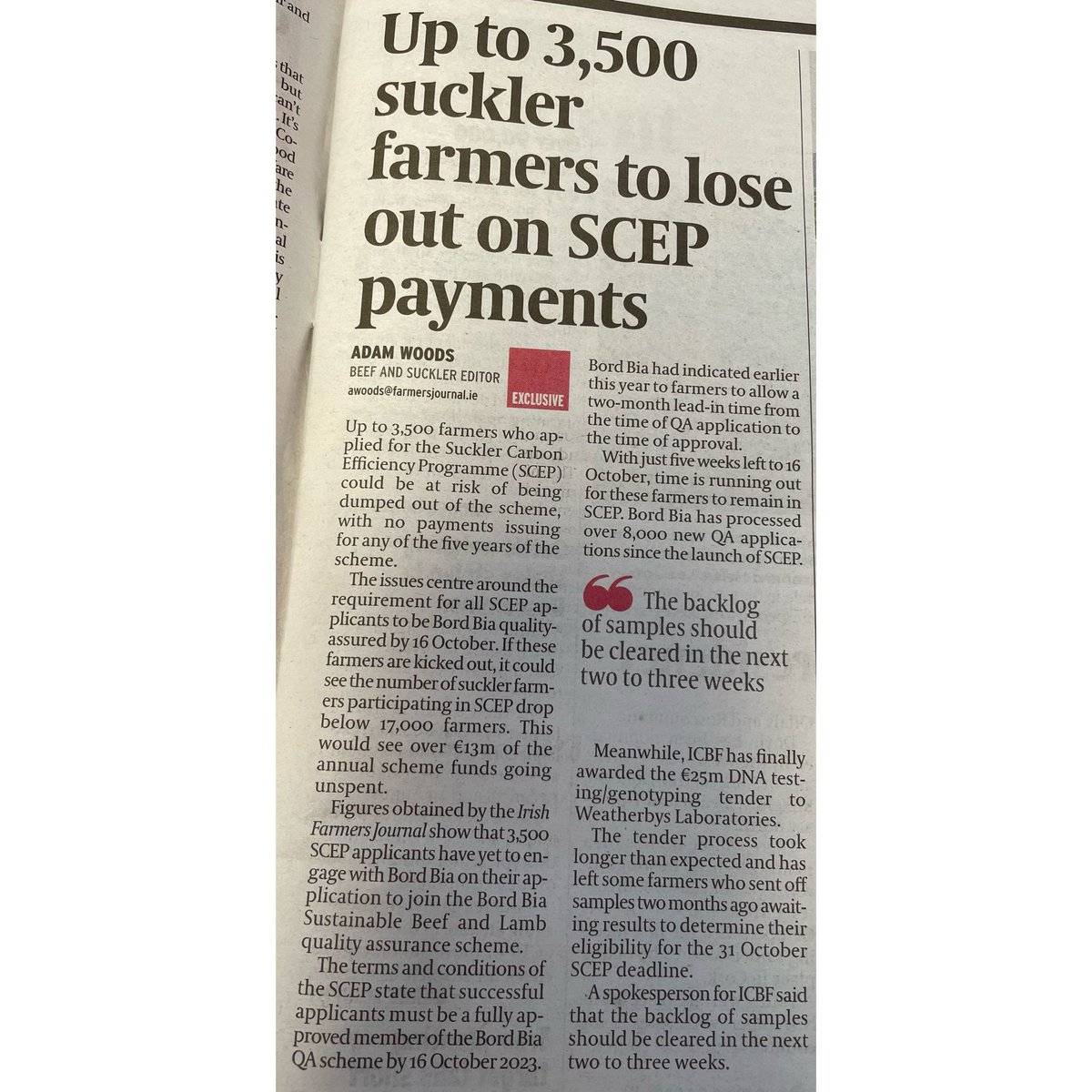 In this weeks <a href="/farmersjournal/">Irish Farmers Journal</a> it was very alarming to see up to 3,500 people might miss out on their SCEP payments as a result of not being in Bord Bia by October 16th. If you still need to join the scheme, give us a call on 022-34136 and we will get you sorted 💪🏻