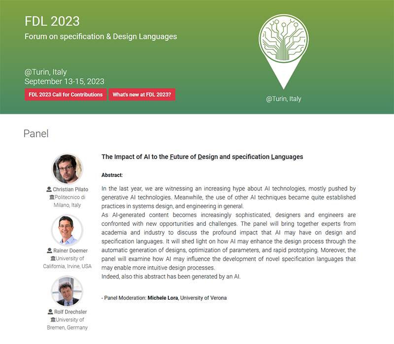 Rolf_Drechsler's tweet photo. #FDL2023 - next week participant of panel at #FDL in #Turin, #Italy on "The Impact of AI to the Future of Design and specification Languages" https://t.co/J3HLILwikd #LLM #LLMs #MachineLearning #ChatGPT #ArtiticialIntelligence @agra_uni_bremen @DFKI @UniBremen @DSC_unibremen https://t.co/lxvWgYxEgY