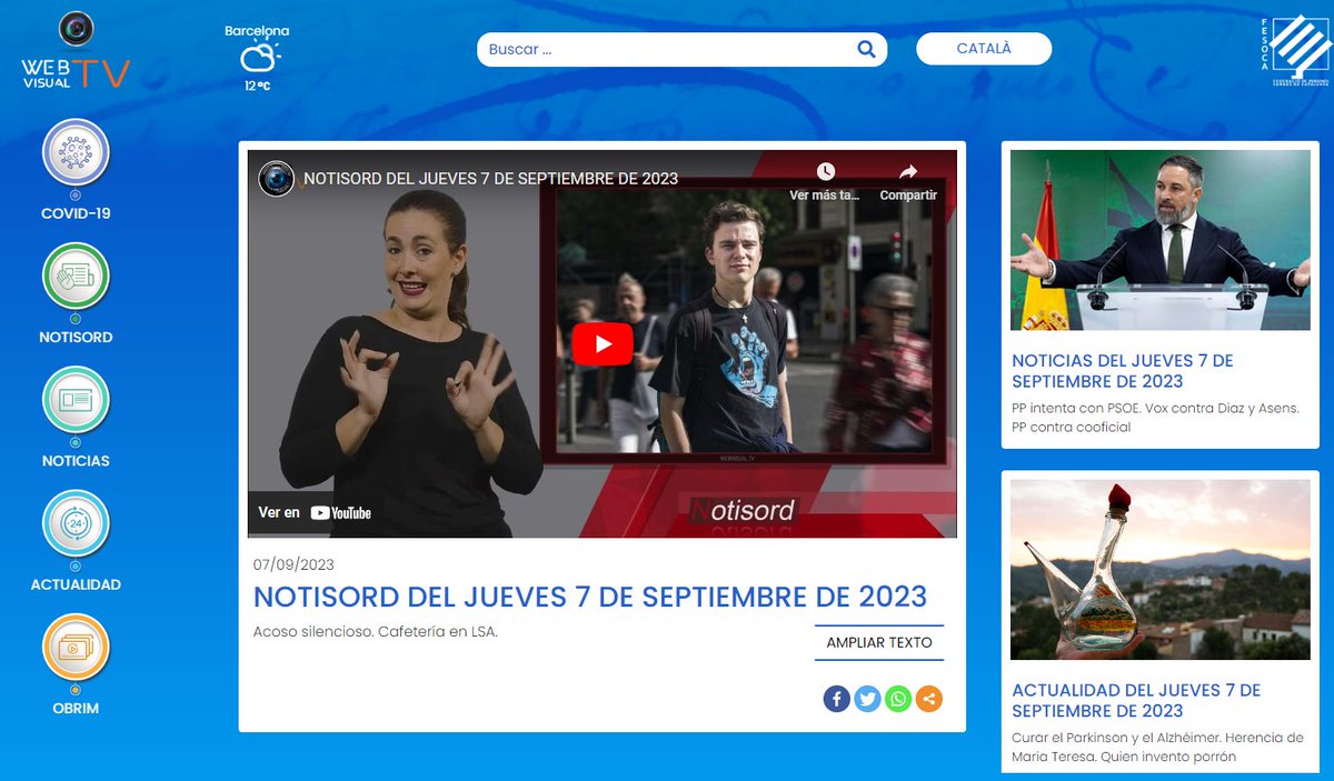 Webvisual_tv's tweet image. 7 DE SETEMBRE DE 2023 👋Llengua de Signes Catalana #LSC webvisual.tv 

🔵Noticies: youtube.com/watch?v=q2z0Xe…… 
⚫️Actualitat:youtube.com/watch?v=hI3wqa…… 
🔴Notisord: youtube.com/watch?v=YPIn9m…… 
#llenguadesignes #accessibilitat #llenguadesignescatalana