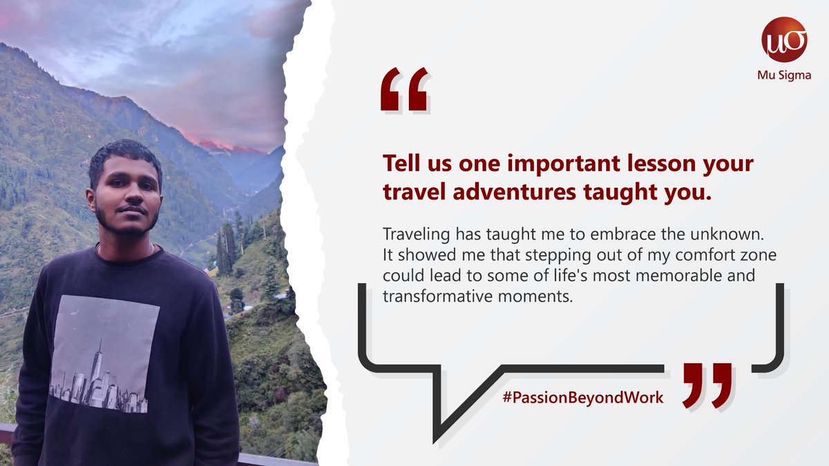 MuSigmaInc's tweet photo. Read on to know how Samundar’s passion for traveling has helped him turn into a better professional and a human being.

#PassionBeyondWork #WorkLifeBalance #Travel #MuSigma #DoTheMath https://t.co/EcmbWUiDL1