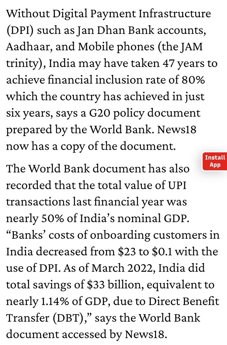 c_aashish's tweet image. India&apos;s Digital Public Infrastructure earns plaudits from World Bank

The level of financial inclusion delivered in 6 years through the use of DPI would have otherwise taken 47 years without it 
 news18.com/india/if-not-f…

@AmanKayamHai_ article
