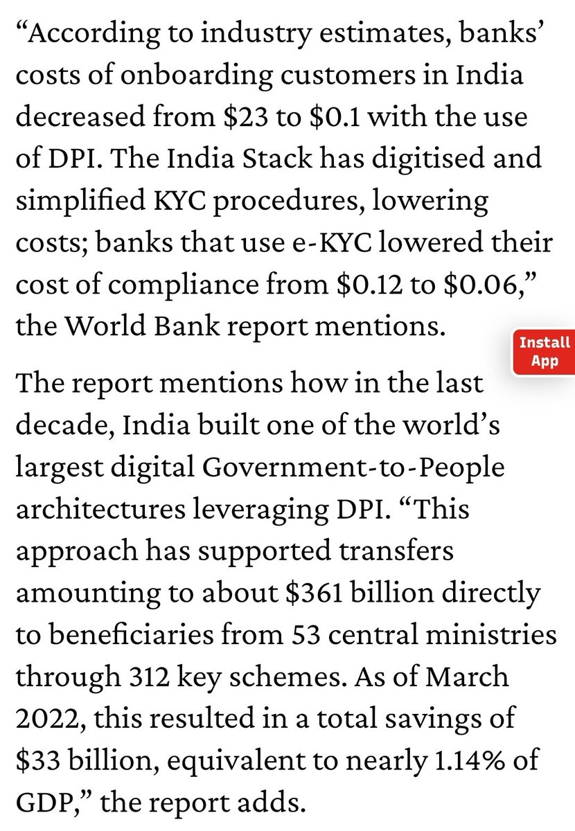 c_aashish's tweet image. India&apos;s Digital Public Infrastructure earns plaudits from World Bank

The level of financial inclusion delivered in 6 years through the use of DPI would have otherwise taken 47 years without it 
 news18.com/india/if-not-f…

@AmanKayamHai_ article