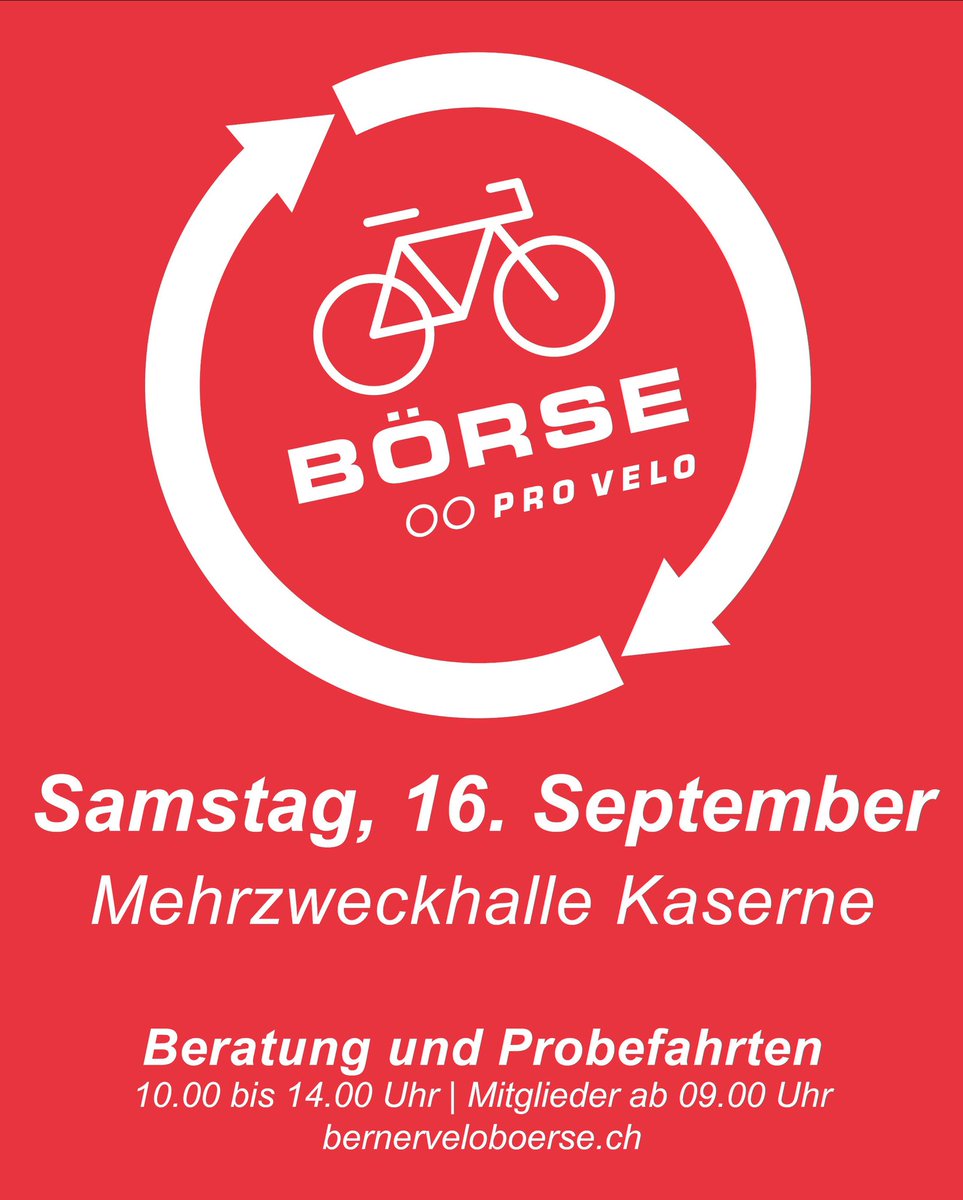 Am 16. September findet die nächste Berner #Velobörse statt:
🚲 grosse Auswahl
 🚲 kompetente Beratung
  🚲 Probefahrten 

👉 9.00-14.00h, Mehrzweckhalle Kaserne Bern

provelobern.ch/veloboerse/vel…
