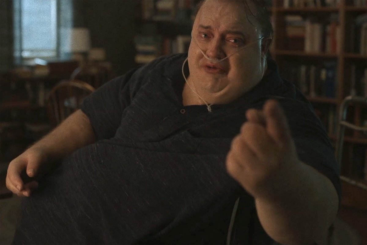 CroftyIsCool's tweet image. Thinking about the person who said the only marketing for The Whale they'd seen was these 2 photos. Cos that's it. That's like the whole movie. You just need Sadie Sink there blackmailing a religious dude into smoking meth or some shit