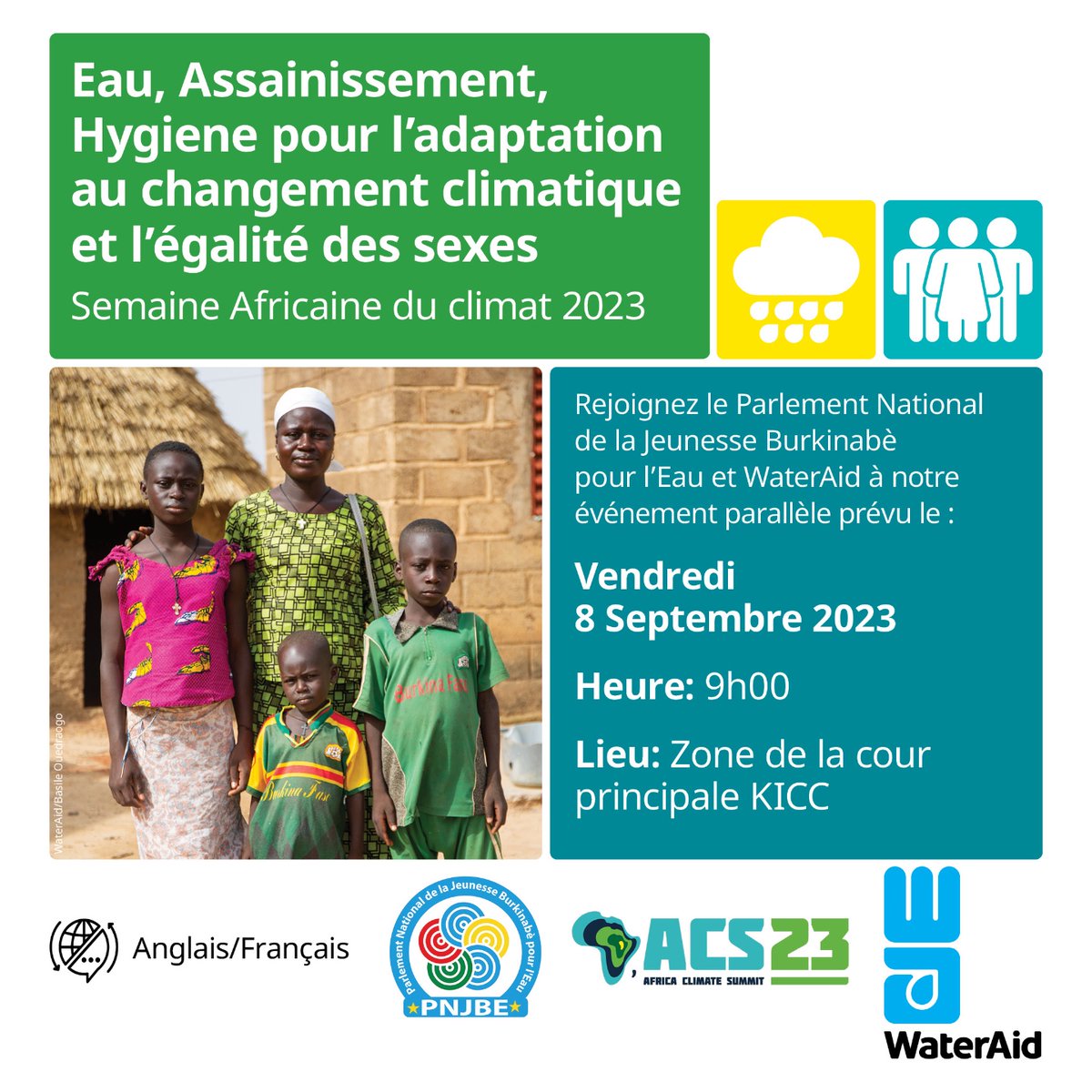 WateraidBurkina's tweet photo. Notre événement parallèle à la Semaine Africaine du climat  se déroule aujourd'hui. Nous discutons eau, assainissement, hygiene pour l'adaptation au changement climatique de l'égalité des sexes. 

Rejoignez-nous!

#AfricaClimateWeek #ACW2023 https://t.co/q6O0ZvgHEW