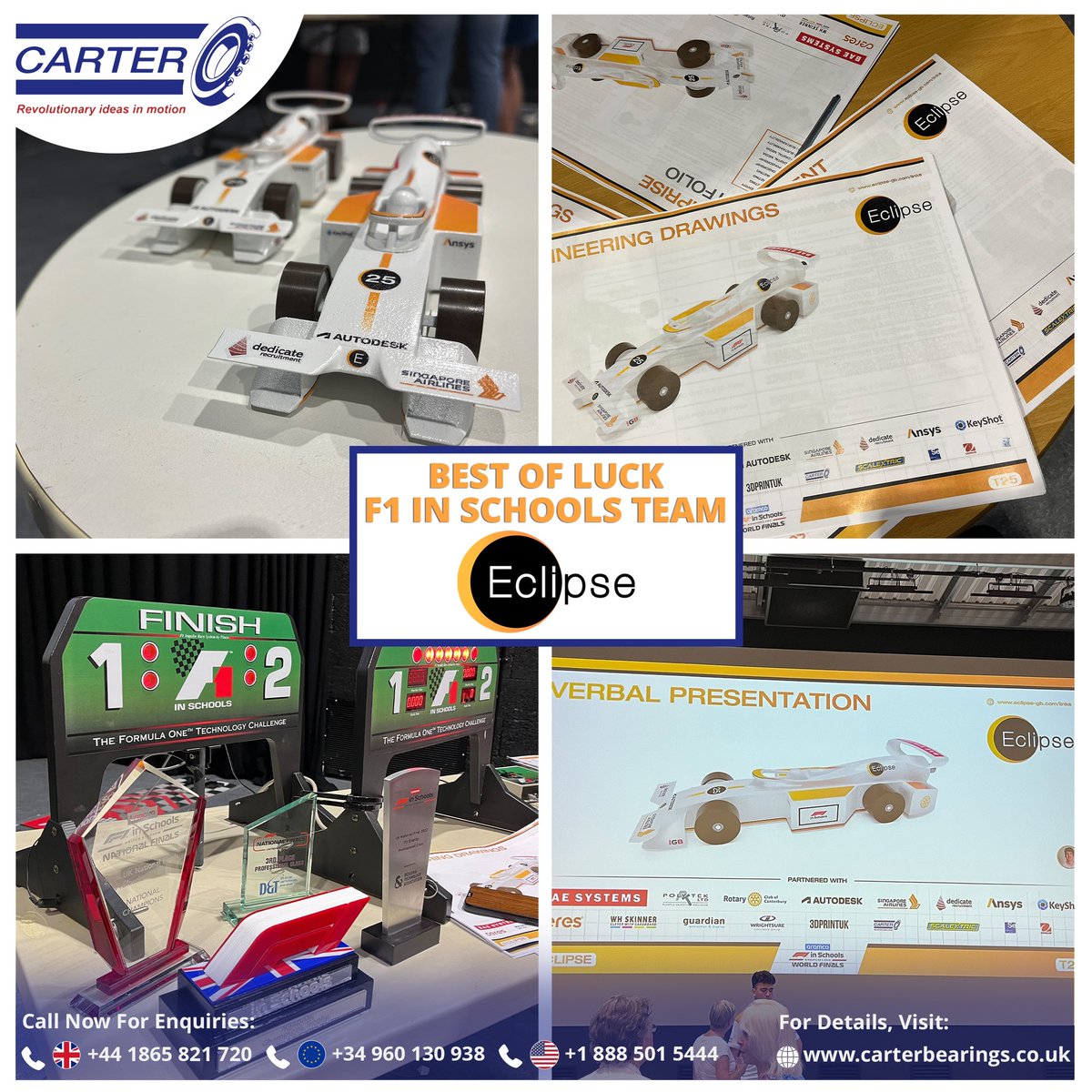 carterbearings's tweet photo. Carter Manufacturing wish the #F1 in Schools #TeamEclipse the best of luck at the #F1inSchools World Finals in #Singapore. We are proud to be their #bearing suppliers to support their journey towards designing &amp; manufacturing miniature F1 cars. Go Team Eclipse!
#Carterbearings https://t.co/f5c55ihnM9