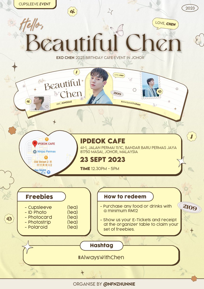 nfnzhunnie's tweet photo. HELLO ERI-YA ! π§π»ββοΈ
YOU'RE INVITED TO
πβ§βΛπHELLO, BEAUTIFUL CHENπ€πβ§βΛ
ποΈ 23 SEP 2023 (SATURDAY)
π§ 1.00pm - 5.00pm
π IPDEOK CAFE @ PERMAS JAYA
π ππ€
π« RSVP : https://t.co/6TbjkfODku
#HelloBeautifulChen
#AlwaysWithChen https://t.co/f4Z6U3IC5G
