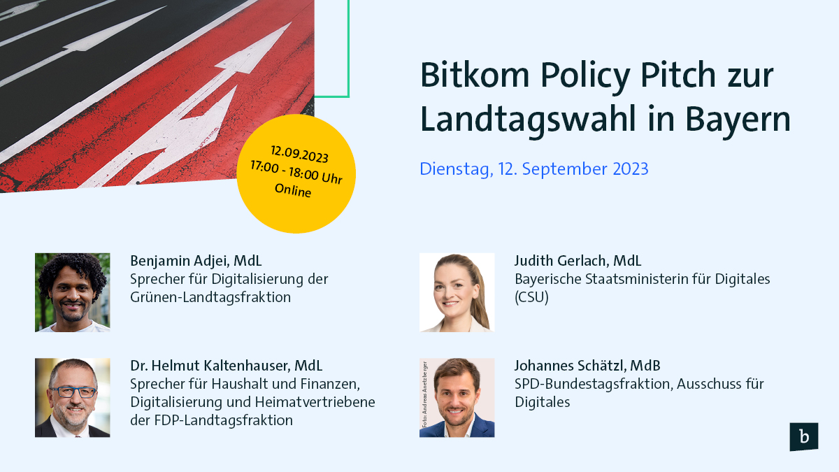 Um 🇩🇪 digitaler zu machen, müssen die Länder mitziehen. Am 12.09. diskutieren wir mit den digitalpolitischen Köpfen der Parteien, wie die #Digitalpolitik im Freistaat aussehen sollte 🥨 #LTWBayern

Nächsten Dienstag #online beim #PolicyPitch dabei sein 🎬➡️bitkom.org/Themen/Politik…