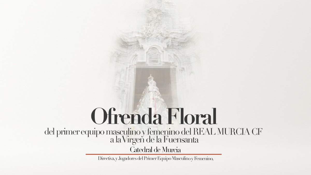 realmurciacfsad's tweet image. OFRENDA FLORAL | 💐 Hoy viernes 8 de septiembre a las 12:45 horas tendrá lugar la tradicional ofrenda floral por parte de las primeras plantillas masculina y femenina a la Virgen de la Fuensanta, patrona de nuestra ciudad, en la Catedral de Murcia.