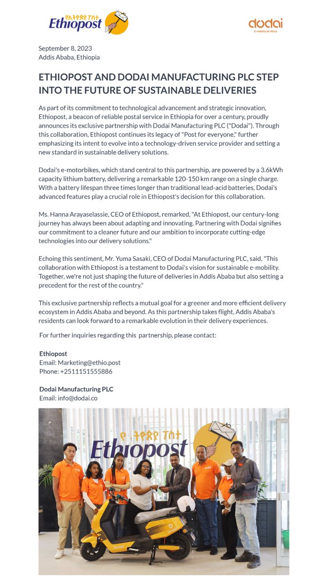 Ethiopost is happy to commence the use of electric bikes in partnership with Dodai. This is our modest contribution to the <a href="/UPU_UN/">Universal Postal Union</a>'s global vision of sustainable and environmentally-conscious mail operators.