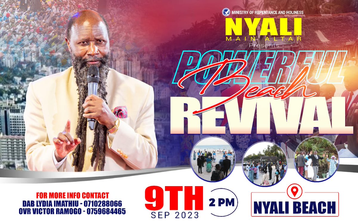 COMING UP....
TOMORROW AT NYALI BEACH
VERY BIG REVIVAL STARTING WITH BEACH CLEANING AND THEREAFTER MIGHTY WORSHIP.🔥🔥🔥🔥
A NO MISS END TIME REVIVAL.
#NyaliBeachRevival.