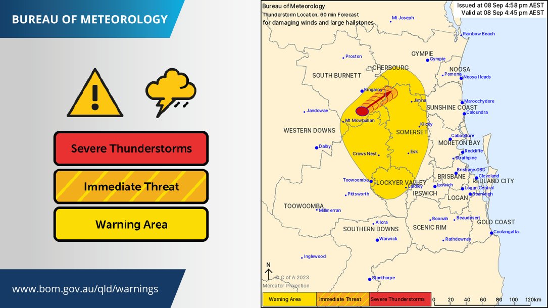Severe storms warning current in the SE QLD incl. #WideBayBurnett #SoutheastCoast #Granite Belt. DAMAGING WINDS (>90 km/h) and LARGE HAIL (>2cm) possible. A more significant storm cell detected S of Kingaroy and heading NE. Detailed warning bom.gov.au/products/IDQ21…