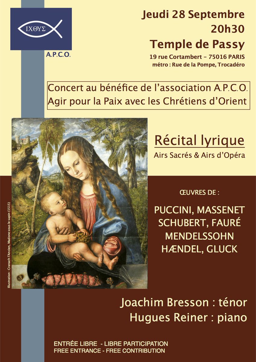 AgirEnOrient's tweet photo. #ChretiensdOrient
#HuguesReiner
Retrouvons-nous nombreux le 28 septembre à 20h30 autour de notre Président @FrancoisFillon pour partager ce grand moment musical et pour promouvoir la Cause que nous portons : « Agir pour la Paix avec les Chrétiens d’Orient » https://t.co/rgXBHSpjqj