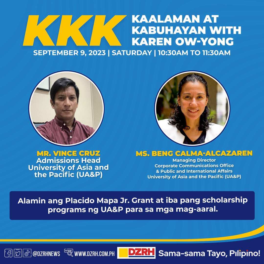 dzrhnews's tweet photo. ABANGAN BUKAS | Makakasama natin sina Vince Cruz at Beng Calma-Alcazaren sa Kaalaman at Kabuhayan with Karen Ow-Yong bukas, dito lamang sa DZRH! 

Tutok na! https://t.co/KgYjbXioNf