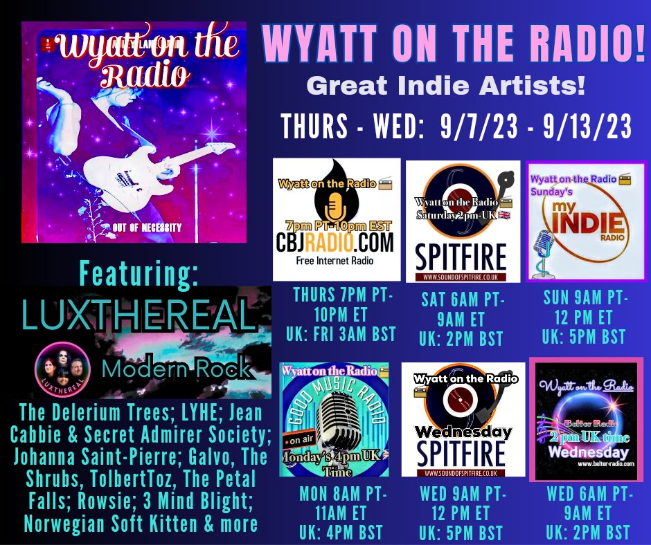 On ALL WEEK & it ROCKS! Luxthereal/Great Indies, Wyatt On the Radio Schedule below: #repost @luxthereal1 @rttanks @BlazedRTs @Know_Know44 @thgc_rts @sweetleefmusic @wyattpauley @ITHERETWEETER1 @TraceMess_469 @getslouder @TWITCHPR0M0 @webimagineserv #wyattontheradio #indiemusic