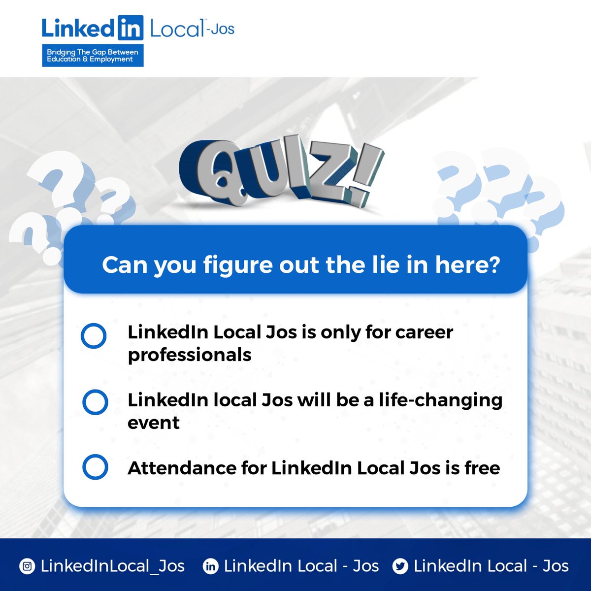 LinkedinJosTown's tweet photo. Let’s play a quick game, guys
There are two truths and one lie in the statements below, figure out the lie.
Follow for more valuable and entertaining content.
#Jos
#LinkedInLocalJos
#Linkedinlocalevents
#linkedinlocal
#networking
#linkedinlocalvirtual
#Josconnect https://t.co/7vpIxbF9fW