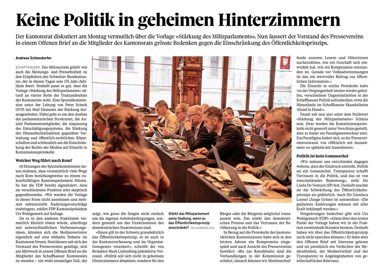 Ist ja klar, wer das #Öffentlichkeitsprinzip einschränken will: Die ach so volksnahe Volkspartei unter Kommissionschef Peter Scheck zusammen mit den Freisinnigen, die langsam frei von Sinnen scheinen.
Geheimniskrämer nennen sich Stärker des Milizprinzips 🤡
Quelle: <a href="/SHN_News/">Schaffhauser Nachrichten</a> 8.9.