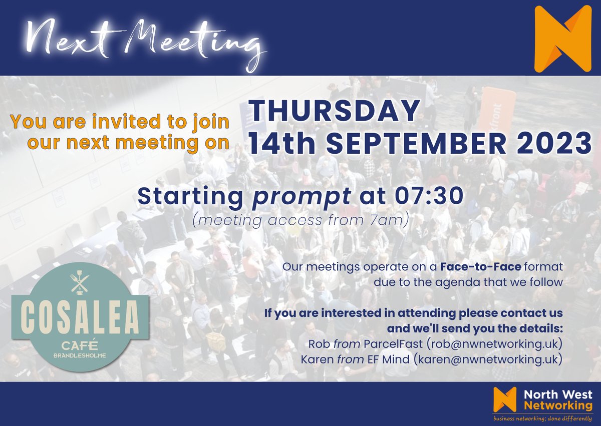 NthWNetworking's tweet photo. Our next meeting takes place 𝗡𝗘𝗫𝗧 week from 7:30am
If you are a 1st time guest at our group we give you the opportunity to do a short presentation/showcase of you and your business - so for a small attendance fee you will get to speak to everyone at the meeting! #networking https://t.co/OVXvMiAf2V