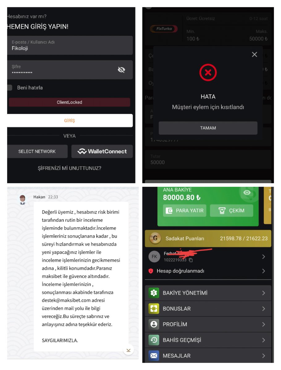 8. Gün;
1) Hala hesap erişimim yok.
2)Para kazanınca çekim izni yok.
3)Risk birimi GENEL MERKEZLERİ incelemesini bitiremedi.
4)Hala ilgili mail gelmedi
5)Hatırlatma maili yazdım cevap yok 
6) dünkü canlı destek 45 gün sürebilir dedi
7)Stres tavan
@MaksibetBonus
@Maksibetsocial