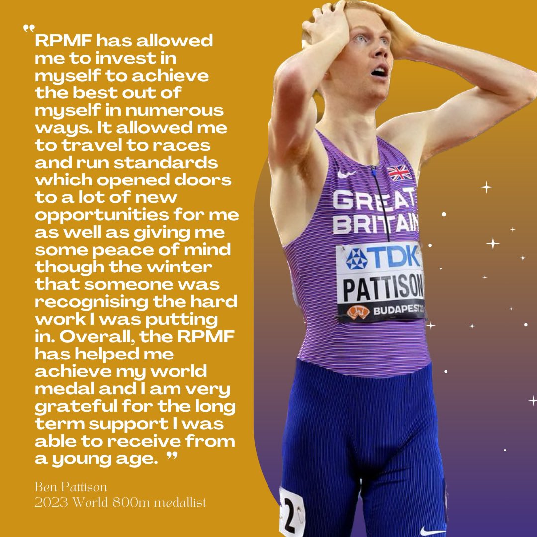 Recently crowned 800m Bronze medalist from @wabudapest23, Ben Pattison, shares his story on how the RPMF has helped him in his athletic career so far (and to become the first men’s 800m medallist at world champs for GB since 1987😱) It is amazing to be part of your journey, Ben💙