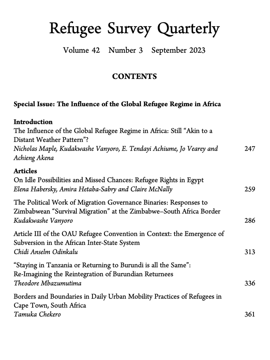 RefugeeSurvey's tweet photo. Here is the contents page for Vol 42, Issue 3, September 2023

and a link to all the articles

https://t.co/0ivZO2jiKQ

@jovearey; @KudaVan; @NicholasMaple1; @Bur_ski; @taachekero;@ChidiOdinkalu https://t.co/3hRYOnj52M