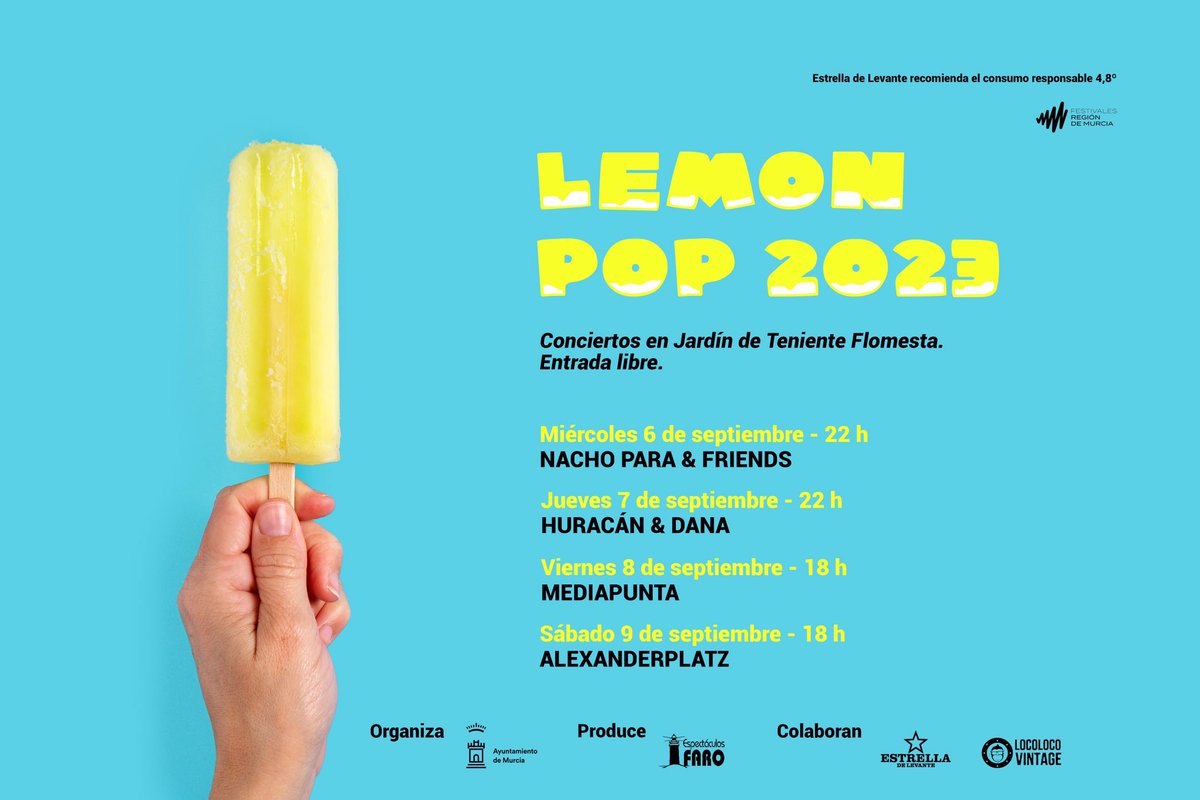 Recordamos que hoy y mañana, los conciertos del #LemonPop en el #JardínTenienteFlomesta serán a las 18:00 horas:

Viernes 8 sep: <a href="/memediapunta/">MEDIAPUNTA</a> 
Sábado 9 sep: <a href="/AlexanderplatzM/">Alexanderplatz música</a> 

#LemonPop2023 #FeriadeMurcia #ConciertosMurcia #Murcia #conciertos #festivales