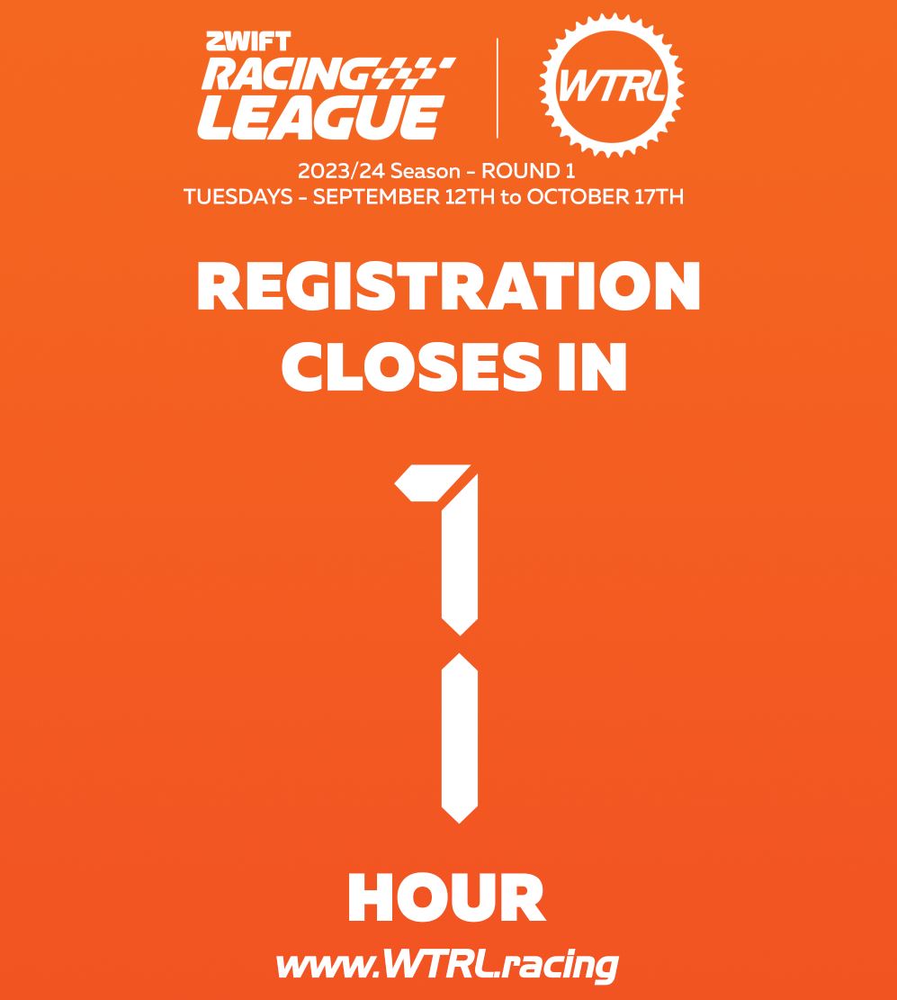 🚨 Final Call! 🚨 Just 1 HOUR LEFT to Register for Round 1 of the @GoZwift Racing League! 🚴‍♀️🚴‍♂️ Rush over to WTRL.racing/zwift-racing-l… right now to get your team in the game! ⏳🏁 #zrl #wtrl #zwift #LastChance