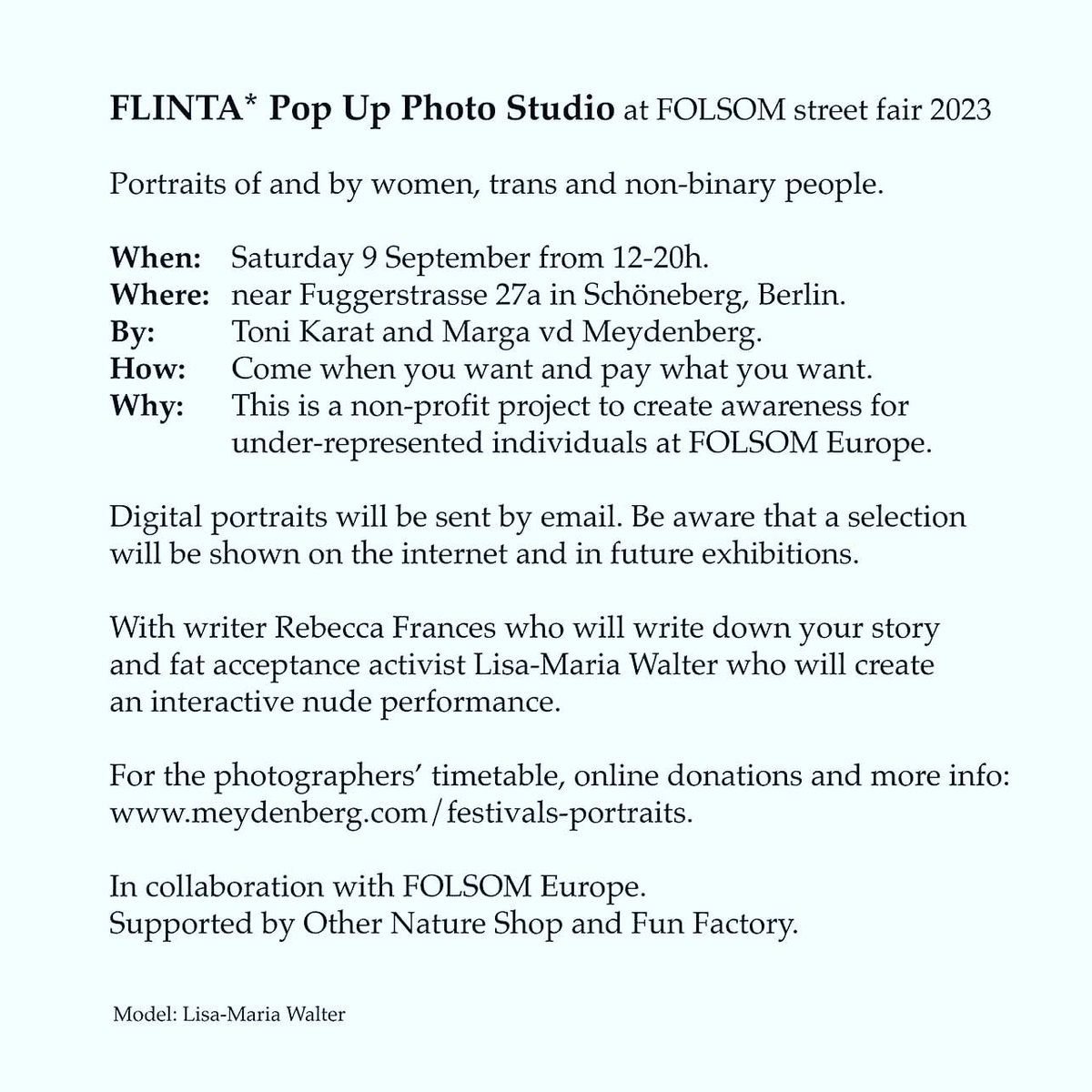 #Folsom 🖤 #FLINTA  🌈#Sichtbarkeit  Kommt in Scharen zum Pop-up Fotostudio von @KaratToni und Marga beim #Folsomstreetfair #Berlin!
Es braucht mehr Sichtbarkeit von Frauen*, Lesben,inter und nichtbinären Menschen 
 in der Leder- und BDSM szene - klare Sache! Daher zeigt Euch!