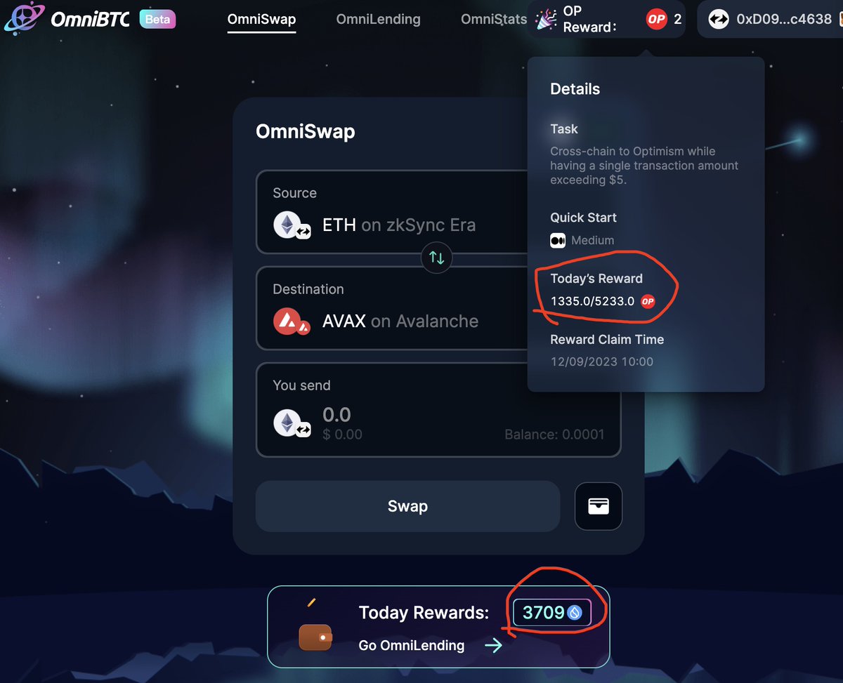 今天OmniBTC 平台奖励： 5000多个 $OP 和3700多个 $Sui 争取 帮我们社区用户在未来拿到各大Layer2和跨链协议的羊毛空投的同时。 也额外的让大家 交互 时就是挣。