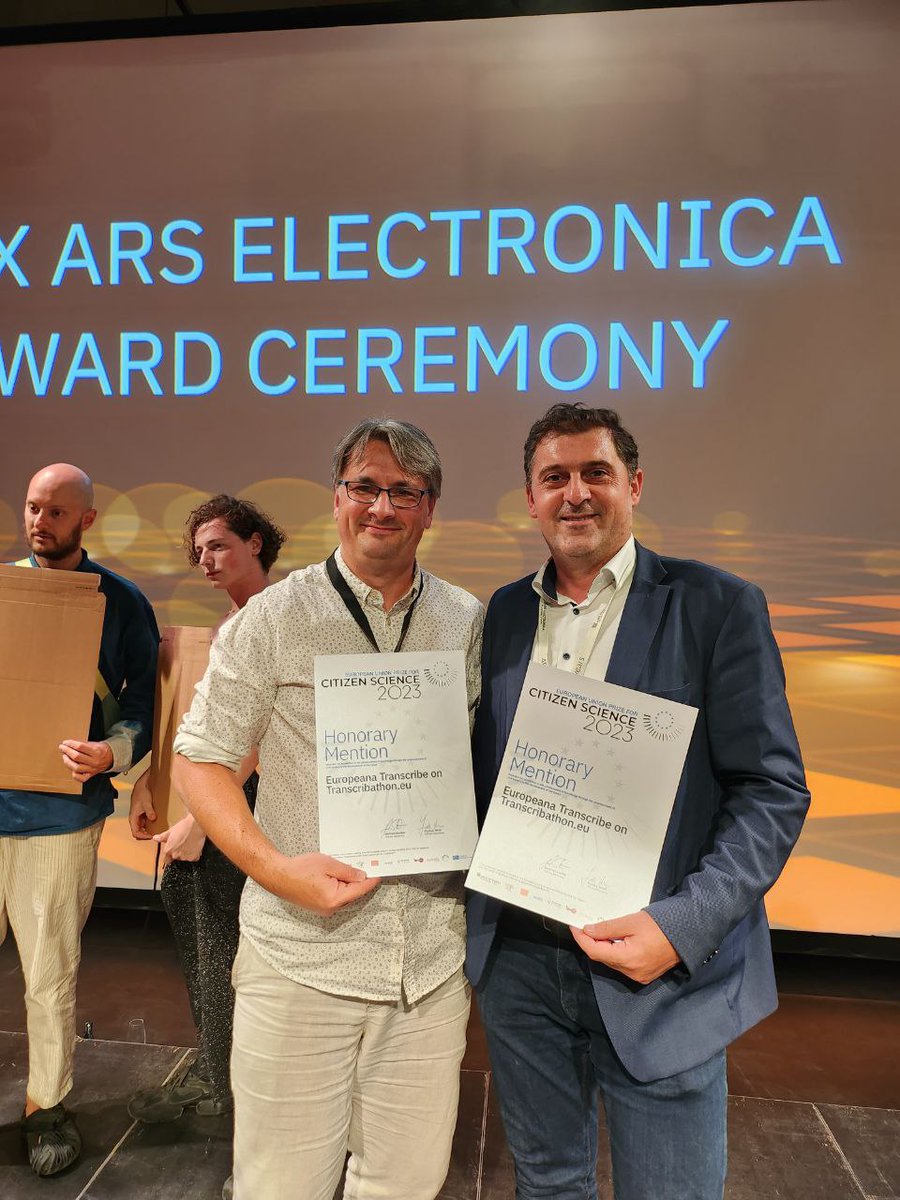 transcribathon's tweet photo. Thanks for a wonderful awards evening and congrats to all the amazing projects, which got the various prizes of #arselectronica23:
https://t.co/3qr51eYAGN
https://t.co/Jven0AshqD
https://t.co/frA8JOe8rI
#citizenscience @EUCitSciProject @EuCitSci https://t.co/Chq9vkTFuH