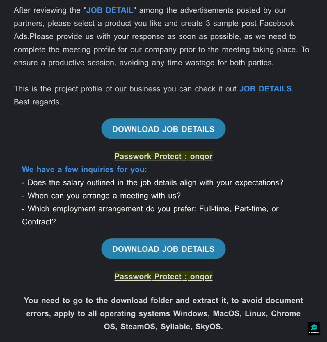 worksfess's tweet photo. Work! Hi guys aku mau ngasih tau kalau skrg lagi ada modus phising Malware yg bisa masuk ke hp/pc pas kamu download file. Kalau kalian apply kerja di LinkedIn dan dapet email yg isinya mirip gini, jgn didownload ya! https://t.co/Ltb082XqUV