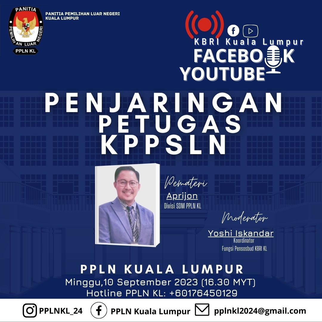 Mari kita ikuti podcast Panitia Pemilu Luar Negeri Kuala Lumpur mengenai Penjaringan Petugas KPPSLN pada :

Hari/Tanggal : Minggu, 10 September 2023
Waktu : 16.30 
Tempat : FB KBRI Kuala Lumpur 

#kbrikualalumpur