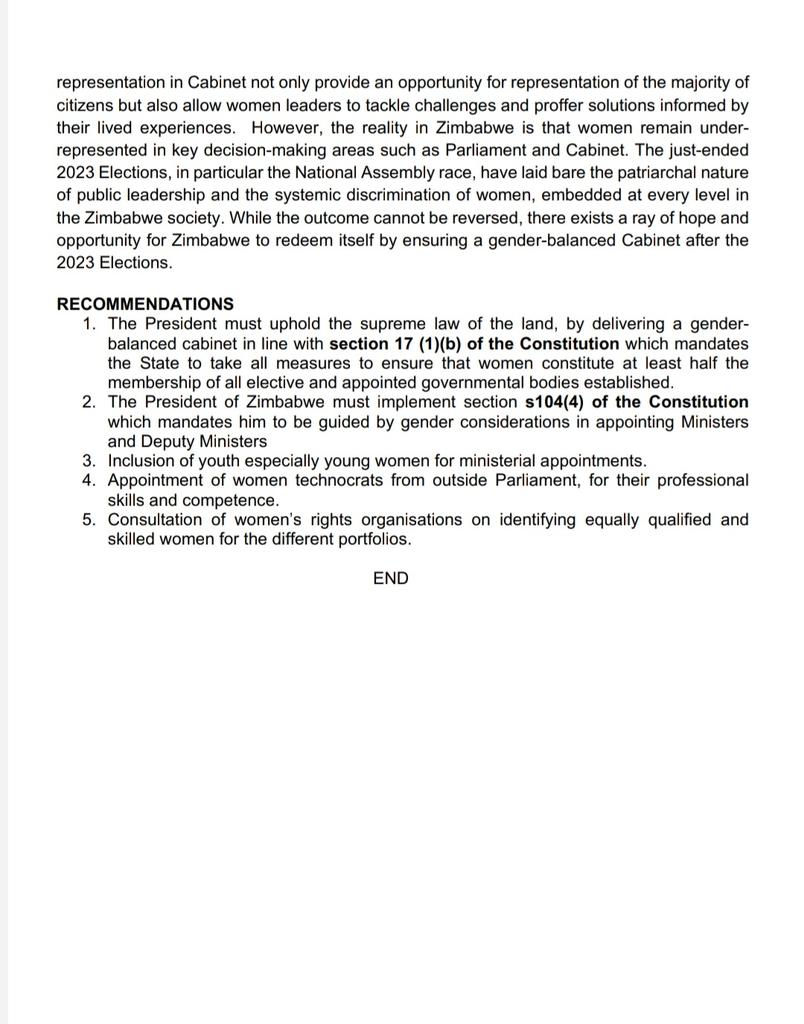 Cabinet appointments: not a matter of women's rights  but a matter of democracy. <a href="/WCOZIMBABWE/">Women's Coalition of Zimbabwe</a> women situation bulletin.