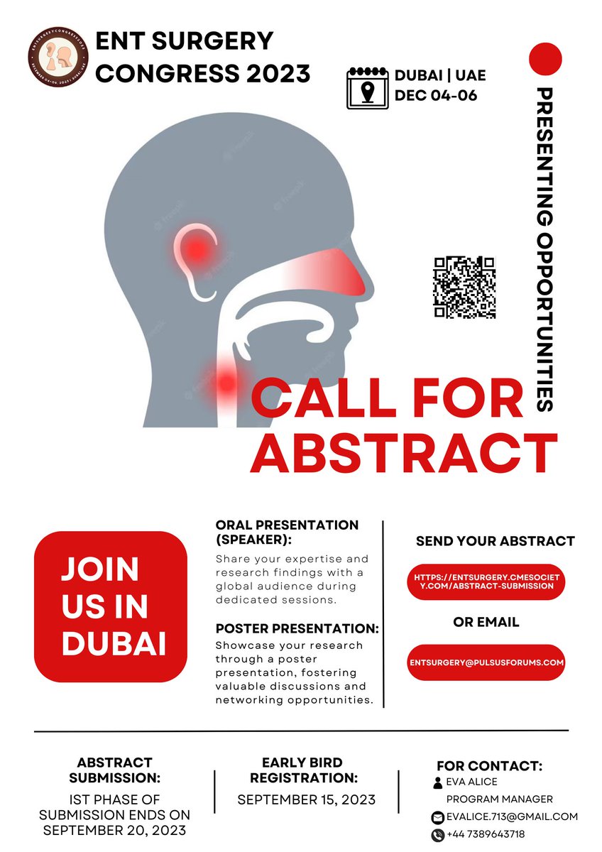 ⏳It's your time to shine in the world of #ENTsurgery!✨

📝Submit your abstracts &amp; be a part of the ENT Surgery Congress 2023 in #Dubai, UAE🇦🇪 from December 4-6📅

🔗rb.gy/kdvo9

🩺 🎉Let's share knowledge and inspire innovation!📚🔬 

#otolaryngologist #submitnow