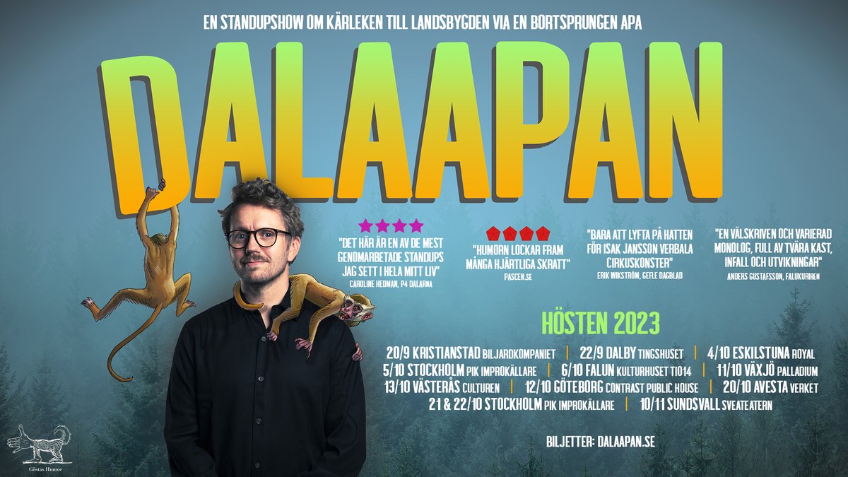 Min standupshow DALAAPAN drar ut på vägarna inom kort! Biljetter hittar ni på dalaapan.se Vi ses där ute på vägarna!