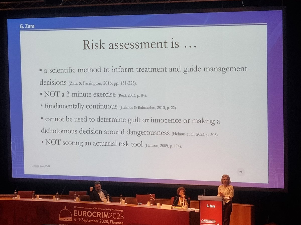 Day 2 of #eurocrim2023 did not disappoint! Themes of imprisonment, violent extremism, risk assessment in sexual offending, rehabilitation &amp; reintegration. Always great to hear a reminder on the importance of RNR model and what a risk assessment is/is not.
