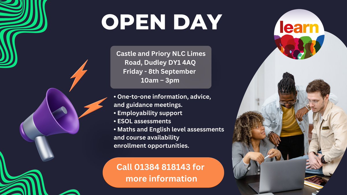 📢 It's the last of our Open Days today (08/09/2023)! At our Castle and Priory learning centre, no need to book, just turn up anytime between 10am and 3pm. If you would like more info, call 01384 818143. #adultlearning #adulteducation #employability #careerdevelopment #dudley