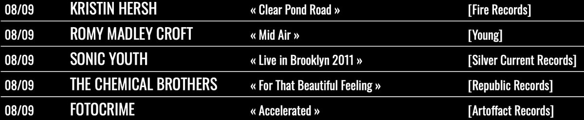 「#SortiesDuVendredi 8/09/2023」
• KRISTIN HERSH >> Clear Pond Road
• SONIC YOUTH >> Live in Brooklyn 2011
• THE CHEMICAL BROTHERS >> For That Beautiful Feeling 
• FOTOCRIME >> Accelerated
• ROMY MADLEY CROFT >> Mid Air
--> premo.fr/sorties/#2023-…
