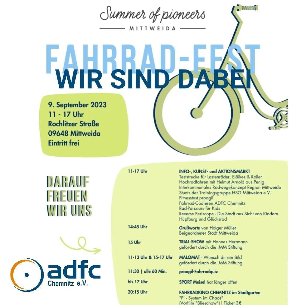 Wir sind beim Fahrradfest der @mittweida_pioneers am Samstag, dem 9.9. von 11 bis 17 Uhr auf der Rochlitzer Straße in #Mittweida  dabei.
Erlebt Mittweidaer Mikromobilität!

Wir codieren auch, und am Abend gibt's @fahrradkino.#chemnitz.

#adfc  #adfcchemnitz #chemnitzfährtrad