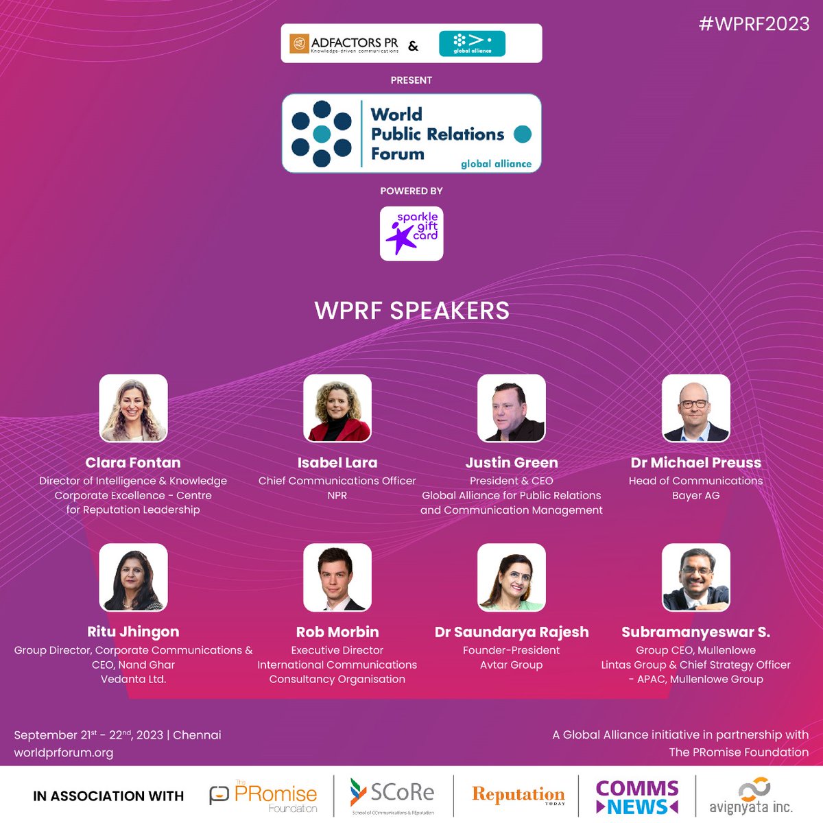 Presenting the line-up of speakers for the 11th edition of #WPRF2023 taking place on 21st and 22nd September in Chennai, India. 

#WPRF #SpeakerAnnouncement #KeynoteSpeakers #Communication #PublicRelation #ITCGrandChola #Chennai #India