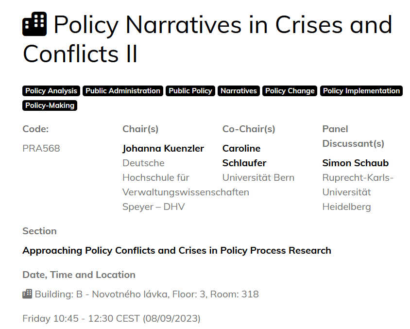 Johanna Kuenzler (@jo_kuenzler) on Twitter photo 1) We have a last exciting panel today on the #NPF: Join <a href="/CSchlaufer/">Caroline Schlaufer</a>, <a href="/SimonSchaub5/">Simon Schaub</a> and myself today at 10:45 for the discussion of cutting-edge research on policy narratives in crises and conflicts! ecpr.eu/Events/Event/P… 1) We have a last exciting panel today on the #NPF: Join <a href="/CSchlaufer/">Caroline Schlaufer</a>, <a href="/SimonSchaub5/">Simon Schaub</a> and myself today at 10:45 for the discussion of cutting-edge research on policy narratives in crises and conflicts! ecpr.eu/Events/Event/P…