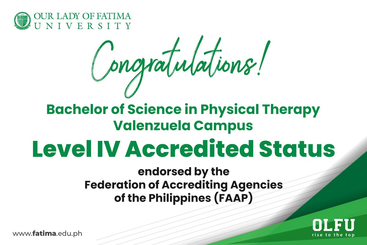 fatimaphoenix's tweet photo. The Bachelor of Science in Physical Therapy of the Valenzuela Campus sealed the Level IV Accredited Status!

Rise to the Top, OLFU Physical Therapy!

Read the full story here: https://t.co/AJDYcaJkcx 

#OLFU #CollegeofPhysicalTherapy https://t.co/CqasGembJC