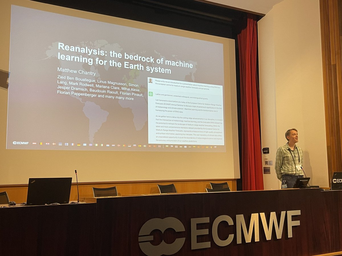 gpbalsamo's tweet photo. @ECMWF Matt Chantry gave an inspiring lecture on the Rise of #AI & Machine Learning #ML for #Weather at the 2023 Annual Seminar #AS2023.
Experimental #WeatherML models run by #ECMWF are now on #ECchart, see for instance @GoogleDeepMind #GraphCast forecasts https://t.co/LaSjyAIBoE https://t.co/Cc4VMh5KpS