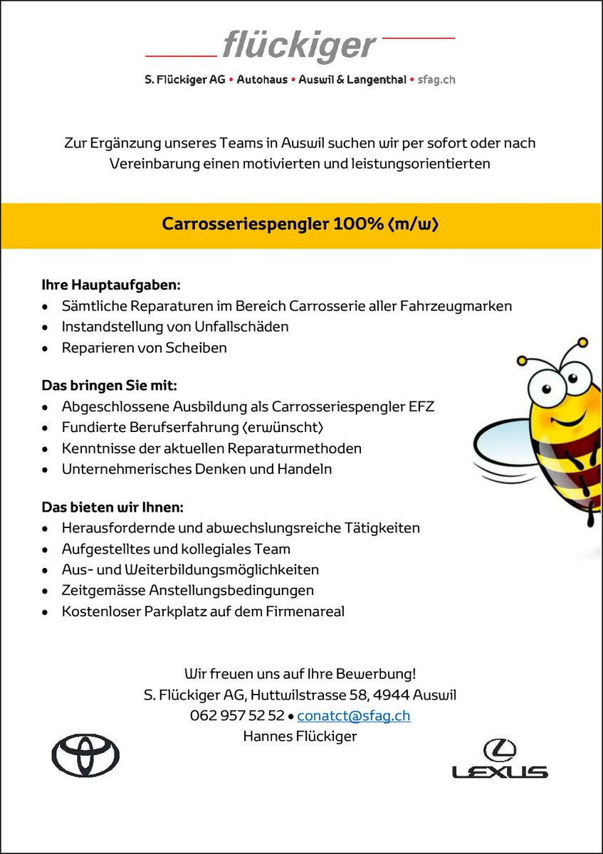 AutohausSFAG's tweet photo. Die S. Flückiger AG in Auswil &amp; Langenthal stellt ein.
Steig ein, in die Welt von Toyota und werde Teil unseres Teams in folgenden Bereichen:
🐝Kundendienstberater*in Garage
🐝Sachbearbeiter*in Fakturierung
🐝Carrosseriespengler*in

Bewerbe Dich noch heute. Wir freuen uns! https://t.co/BC45paQLiG