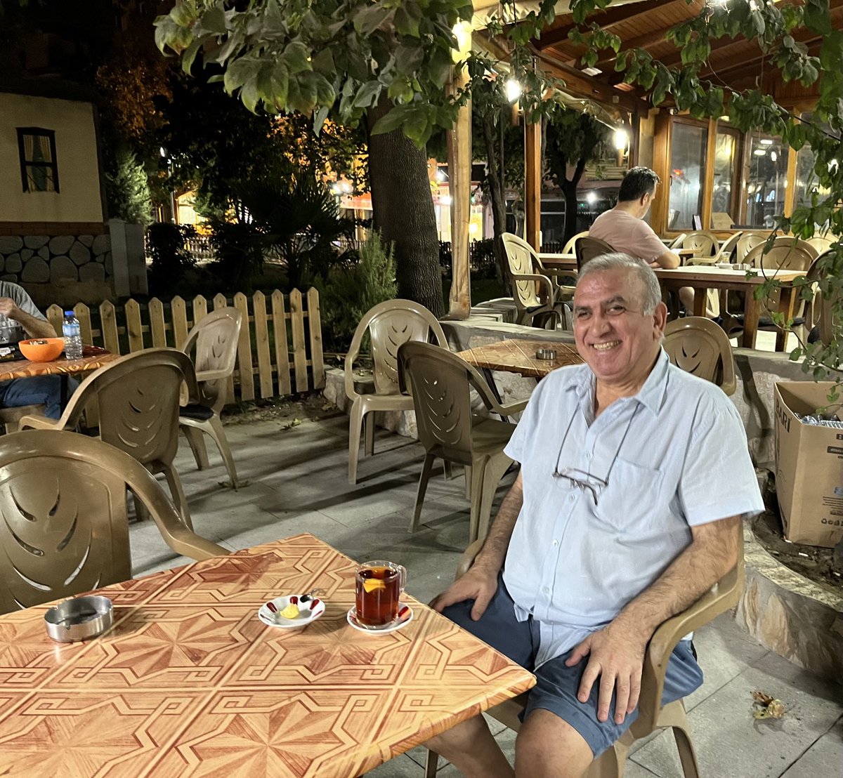 Seninle terasta oturuyoruz.
Tam öğle üzeri iki saksağan ötüyor.
Ağaç dallarını eğiyor ve gölge, yapraklardan atlayıp konuyor gözlerine.
Seninle çay içiyoruz, tam öğle üzeri.