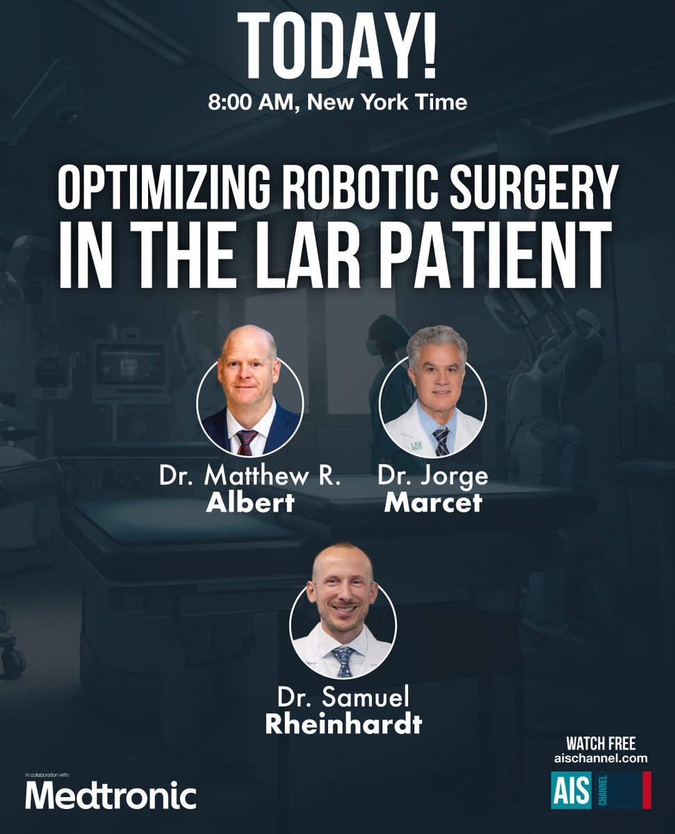 🔔 Today's the day! Join us for the 'Optimizing Robotic Surgery in the LAR patient' event with Dr. Samuel Rheinhardt @TAMISYoda @JorgeEMarcet⏰ Starting at 8 am EST. Watch for FREE on 🌐aischannel.com/live-surgery/o… @USFHealthMed @AdventHealthCFL @Medtronic #IamAIS #SoMe4Surgery