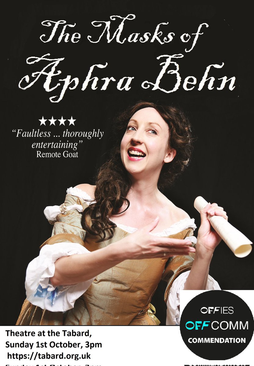 MonkeyWithCymb's tweet photo. Our @OffWestEndCom nominated 4* show, 'The Masks of Aphra Behn' is coming to the @TheatreAtTabard on 1 October. 

The wonderful #AphraBehn tells the story of her time as a #spy in the Dutch Wars for King Charles II. 

#Theatre #restorationtheatre #chiswick
https://t.co/FpjA7yVXhA https://t.co/3ze7OkEspb