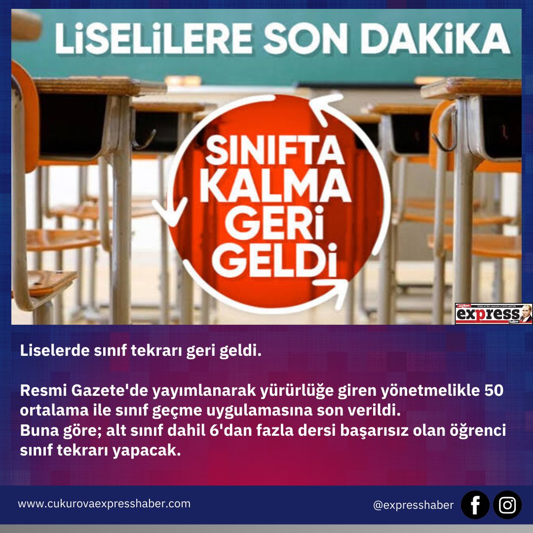 OsmanSzr01's tweet photo. 📌Milli Eğitim'den Beklenen Karar

Liselerde 6'dan fazla dersi başarısız olan öğrenci sınıf tekrarı yapacak. Açık liseye geçişlere de kısıtlama getirilen kararda devamsızlık süresi toplamda 30 günü aşan öğrenciler not ortalaması ne olursa olsun başarısız sayılacak.

#expresshaber https://t.co/4dnnzVfyyn