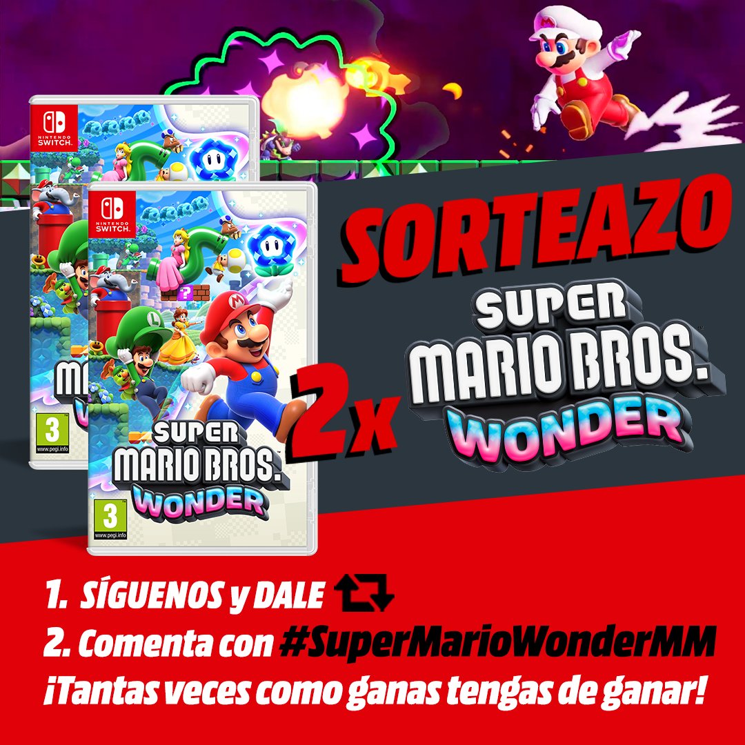 MediaMarktGames's tweet image. 🍄 SORTEAZO🍄 2⃣ juegazos 𝗦𝘂𝗽𝗲𝗿 𝗠𝗮𝗿𝗶𝗼 𝗕𝗿𝗼𝘀. 𝗪𝗼𝗻𝗱𝗲𝗿 🐘 ¡Únete a Mario y sus amigos en una nueva y maravillosa aventura! 🎉🐢 

1⃣ Síguenos
2⃣ Dale RT y comenta con #SuperMarioWonderMM 

Resérvalo aquí➡️ bit.ly/SuperMarioWond… 
💥 ¡Participa solo hoy! 🍀